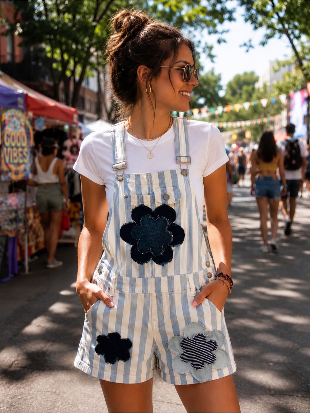 Upcycled Denim Overall Shorts: Frayed Floral Appliqué, Size 3.